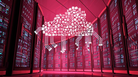 A cloud icon in a server room.