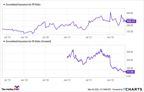 Two charts show Goosehead's P/E ratio and forward P/E ratio.