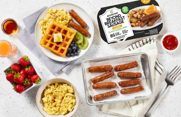 Beyond Meat Breakfast Sausage incorporated into a large American breakfast spread.