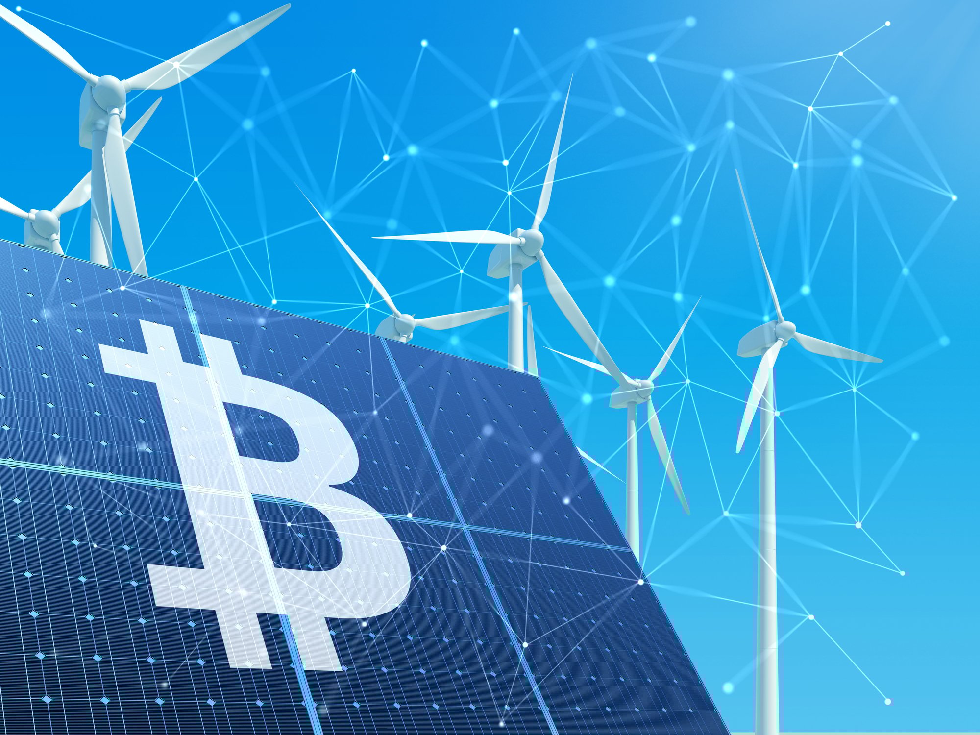 Bitcoin logo on solar panel and wind turbines.