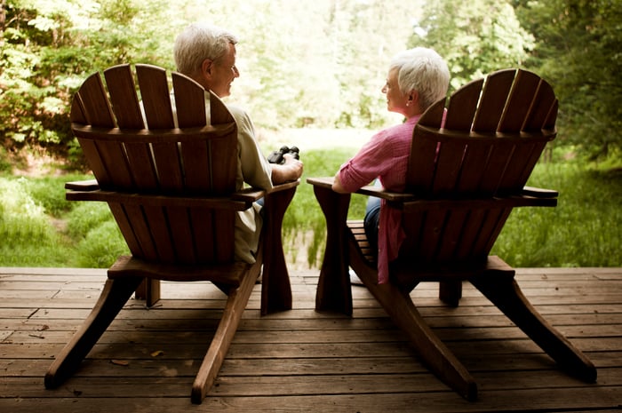 Two people sitting in chairs on porch looking out into yard.