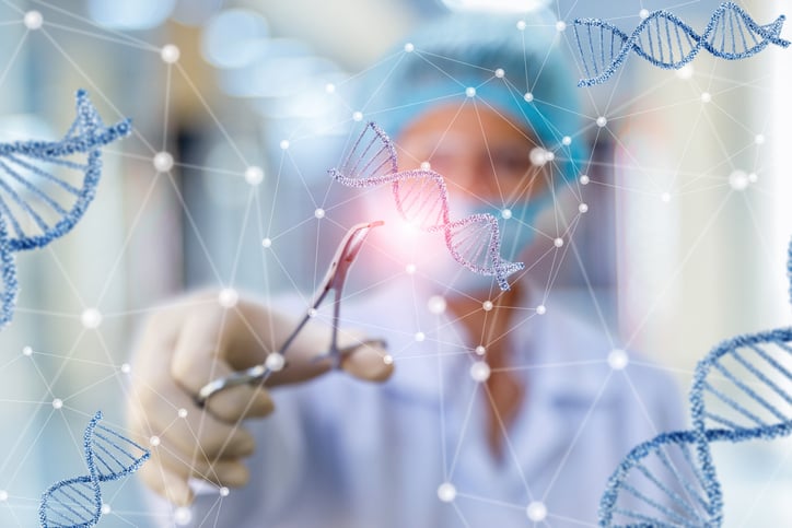 A stylized image of a researcher working with DNA technology.