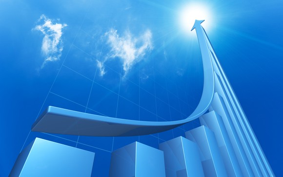 blue arrow shooting higher indicating stock rising. 