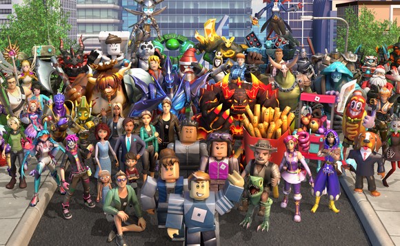 A lineup of Roblox's avatars.