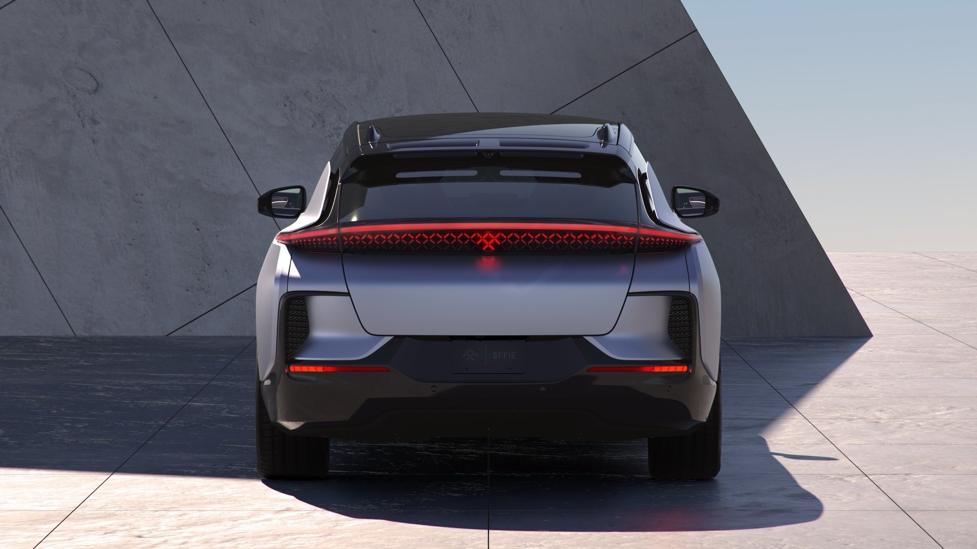 Rear view of Faraday Future FF 91 electric vehicle. 