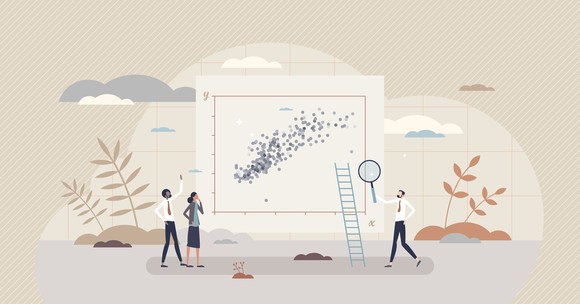 Cartoon figures use a ladder and a giant magnifying glass to inspect chart showing correlation.