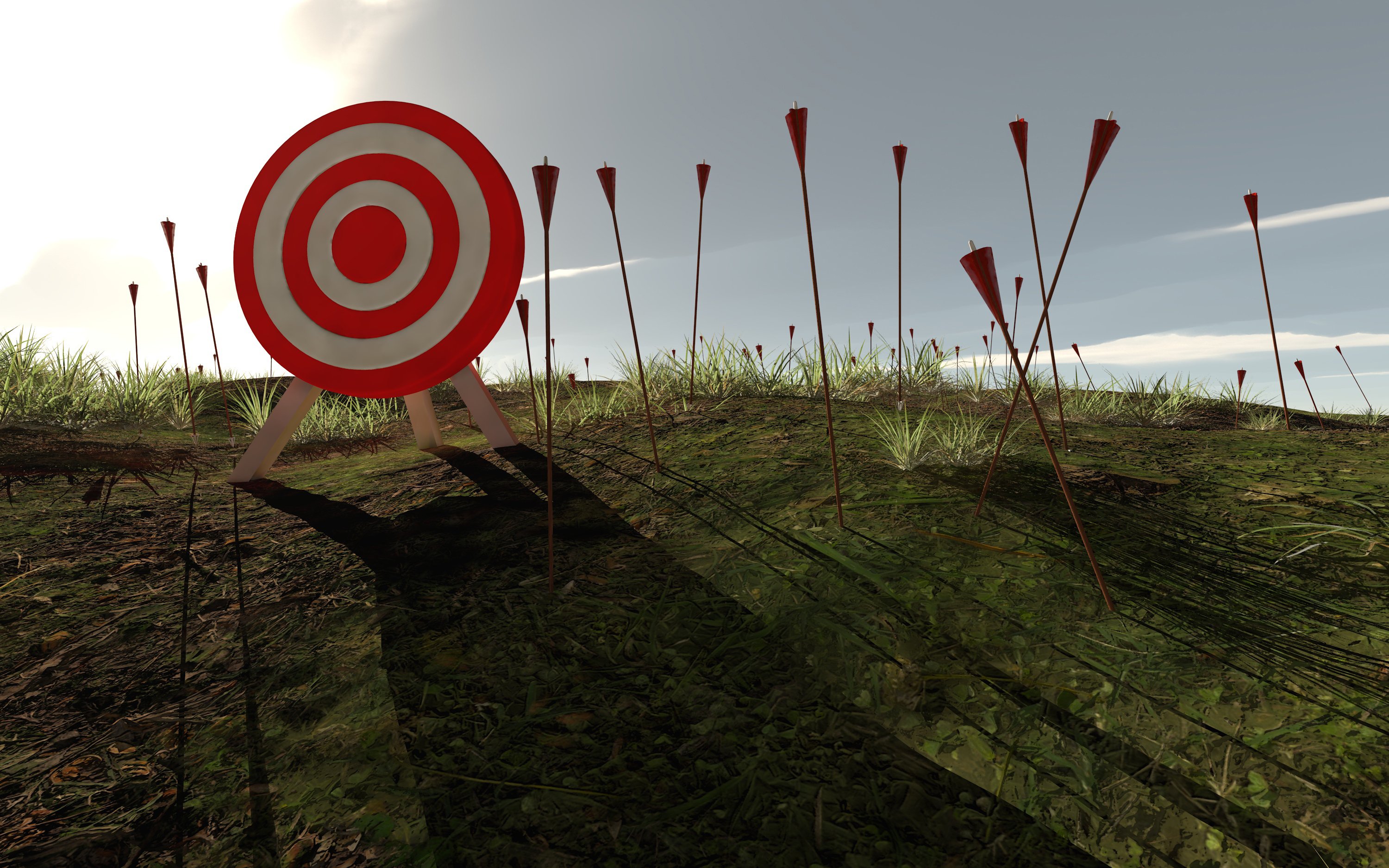 Target on a hill, with arrows all around it.