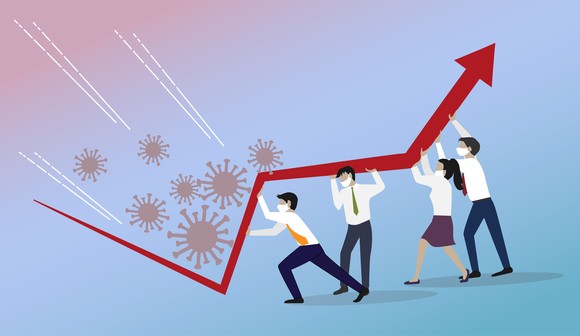 People holding up an upward red arrow.