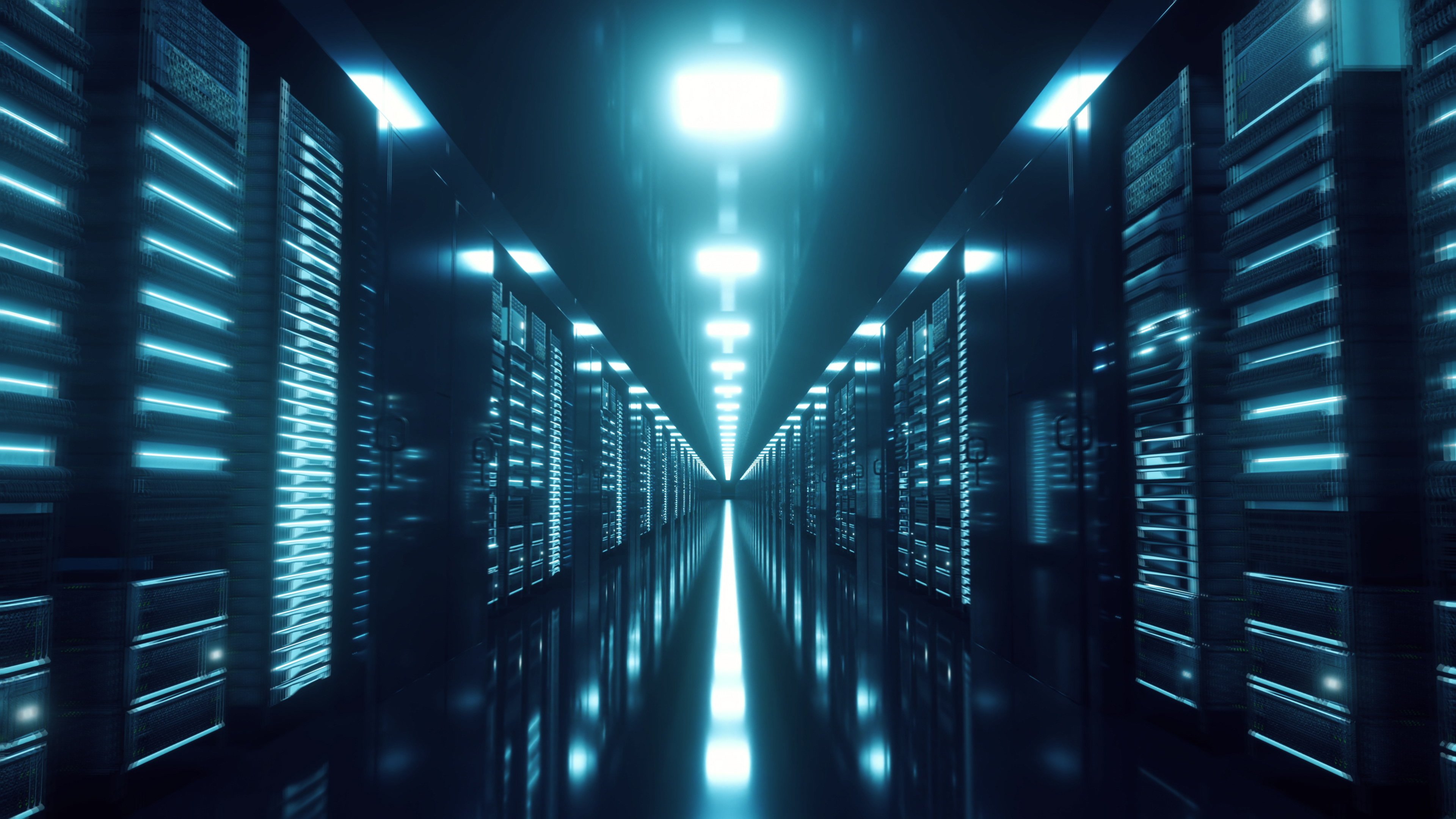 Rows of servers in a warehouse. 
