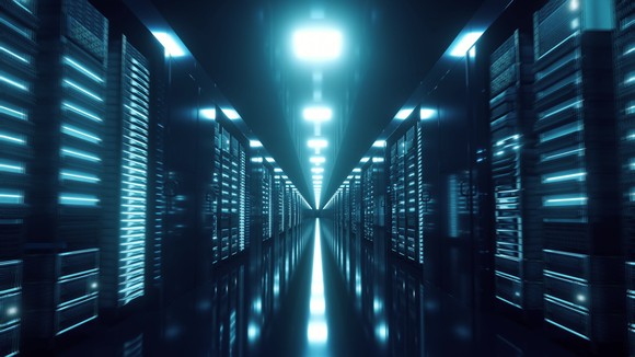 Rows of servers in a warehouse. 