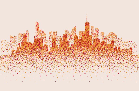 Stylized city skyline made up of dots.
