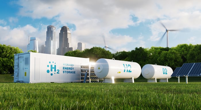 Energy fuel cells with a city skyline in the background.