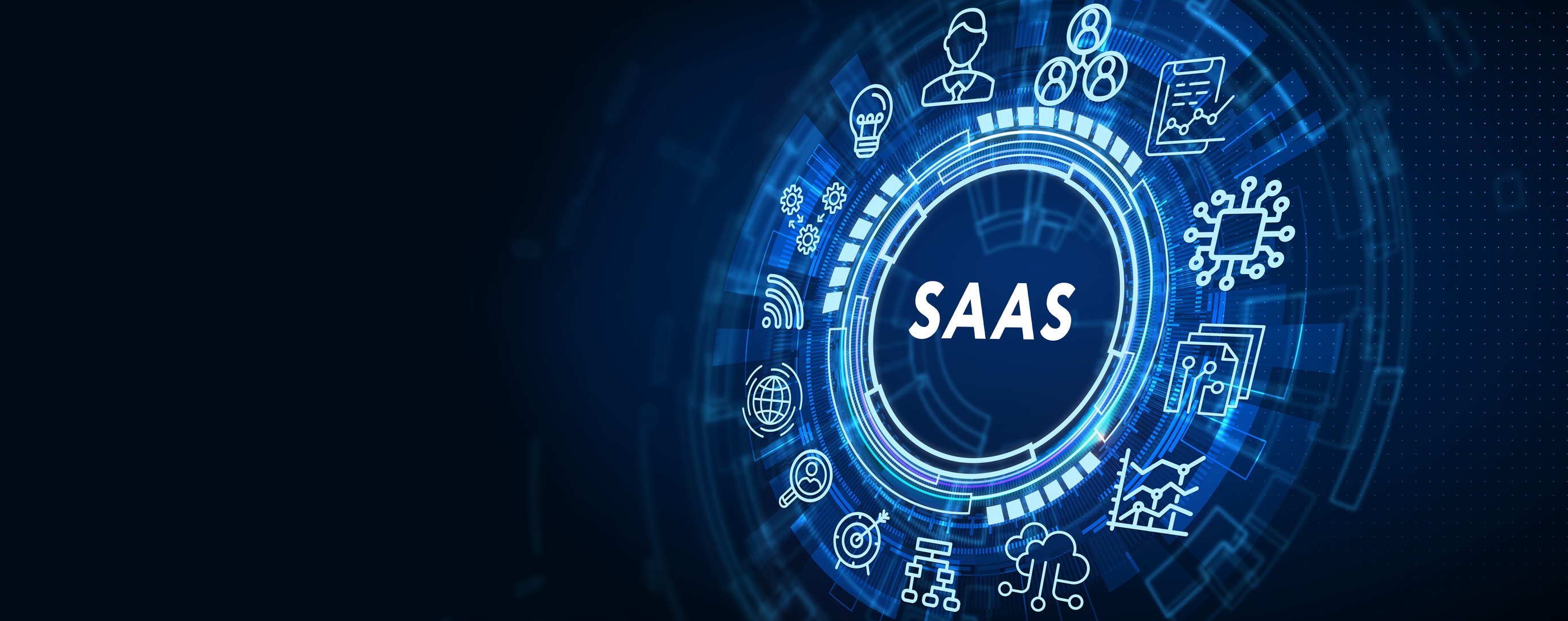 Computer icons in a circle around the word SaaS. 