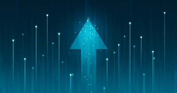 Arrow with blue background indicating stocks shooting higher.