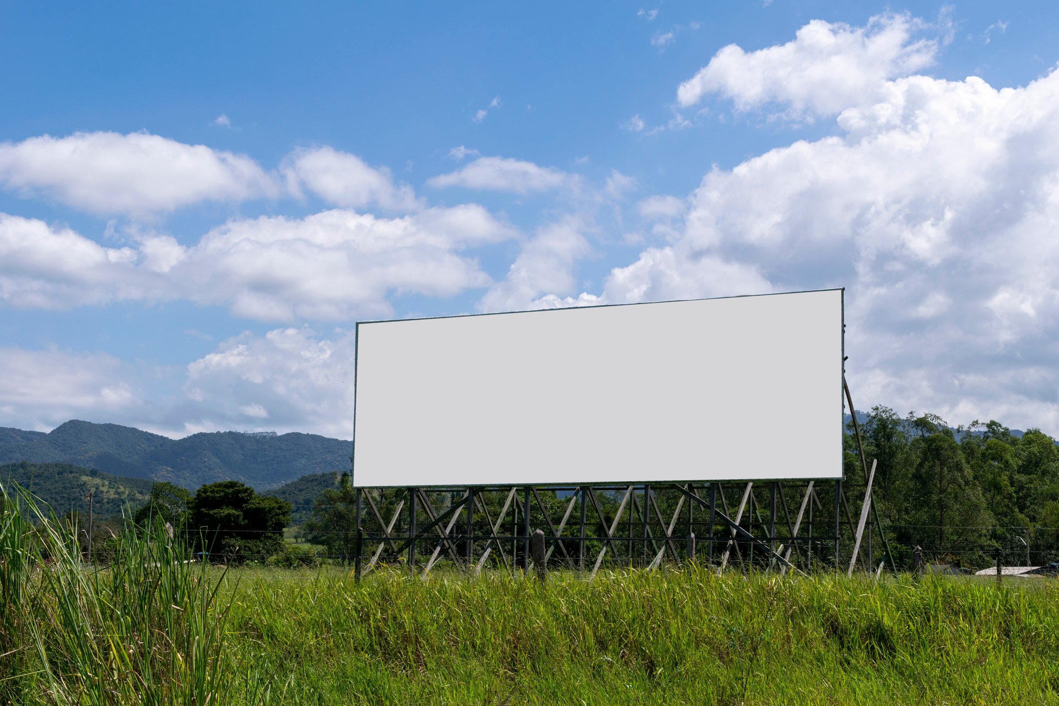 Blank billboard in field with blue sky and mountains in background.