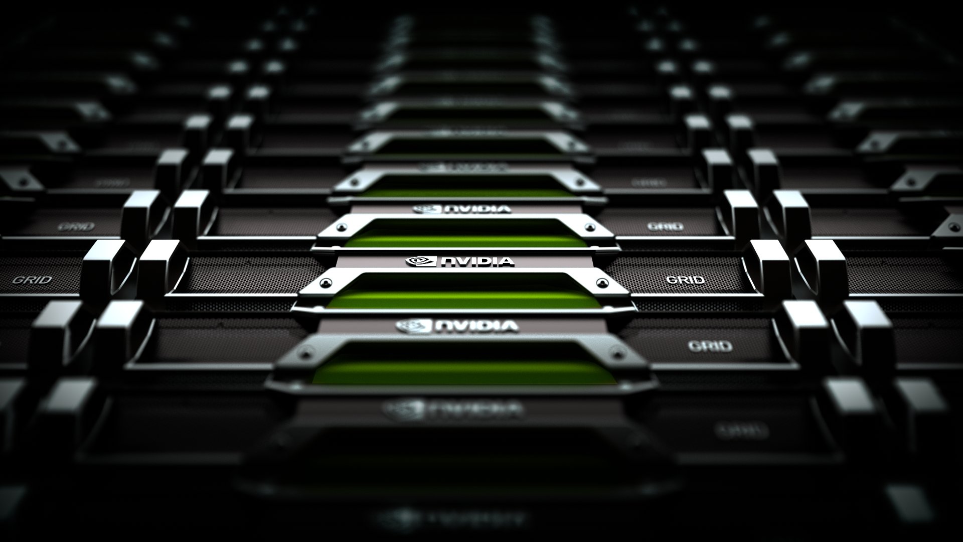 A row of graphics processors with the Nvidia logo displayed.
