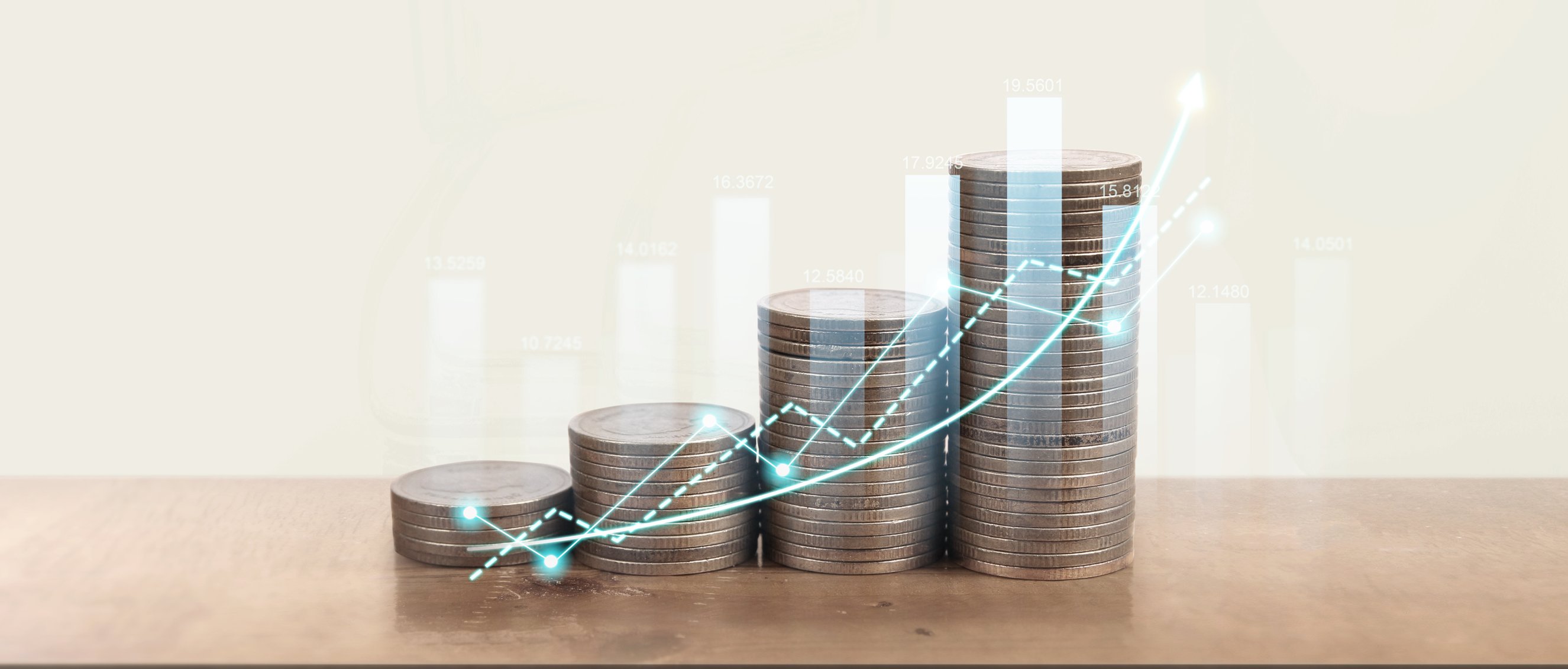 Coin stacks with graph overlaid showing accruing interest.
