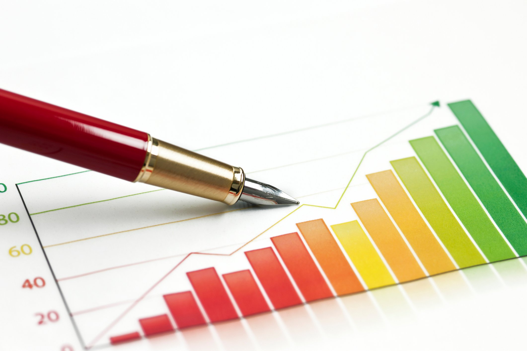 A pen points to an upward trend bar chart that fades from red to green.