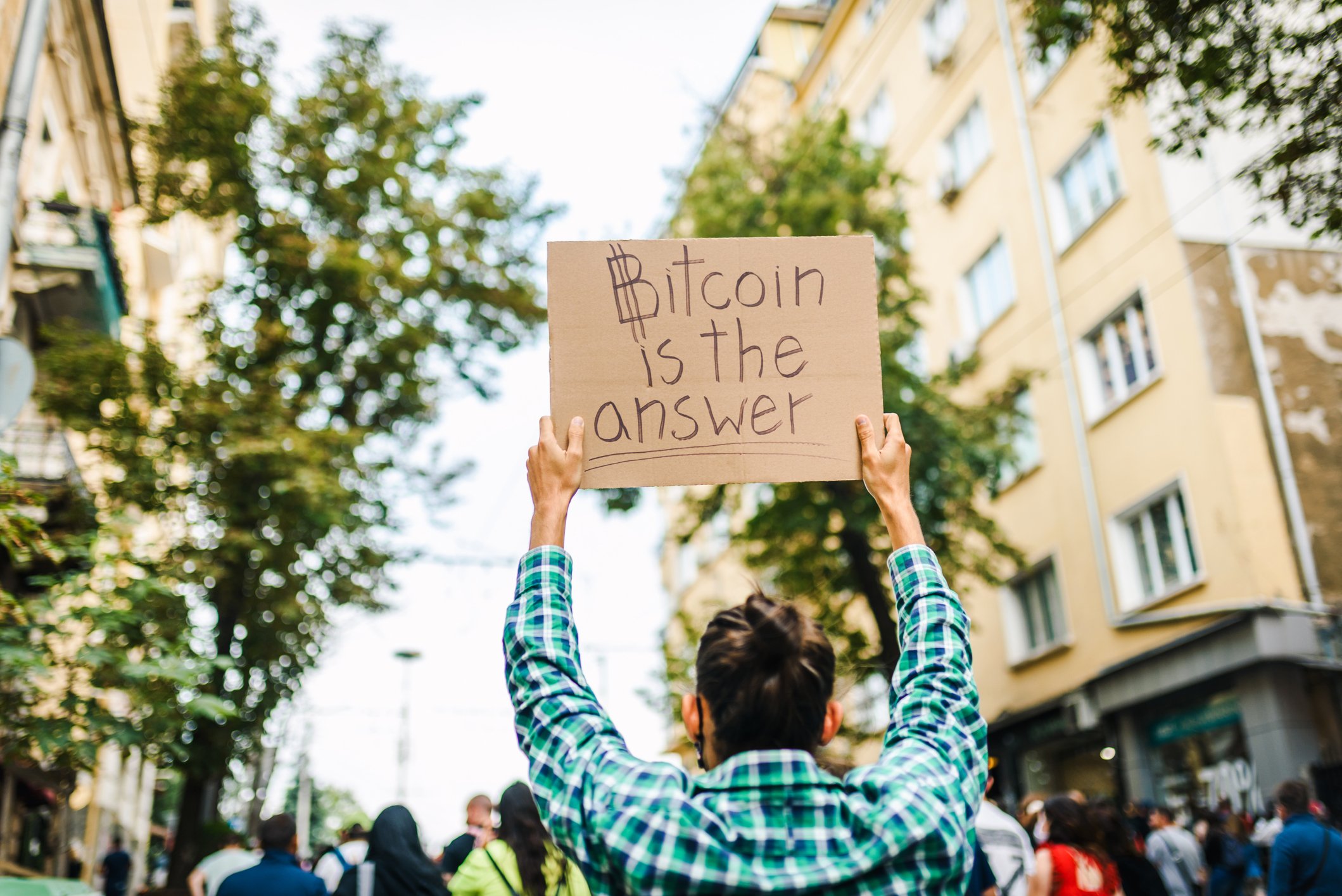 Person holding up sign saying Bitcoin Is the Answer.