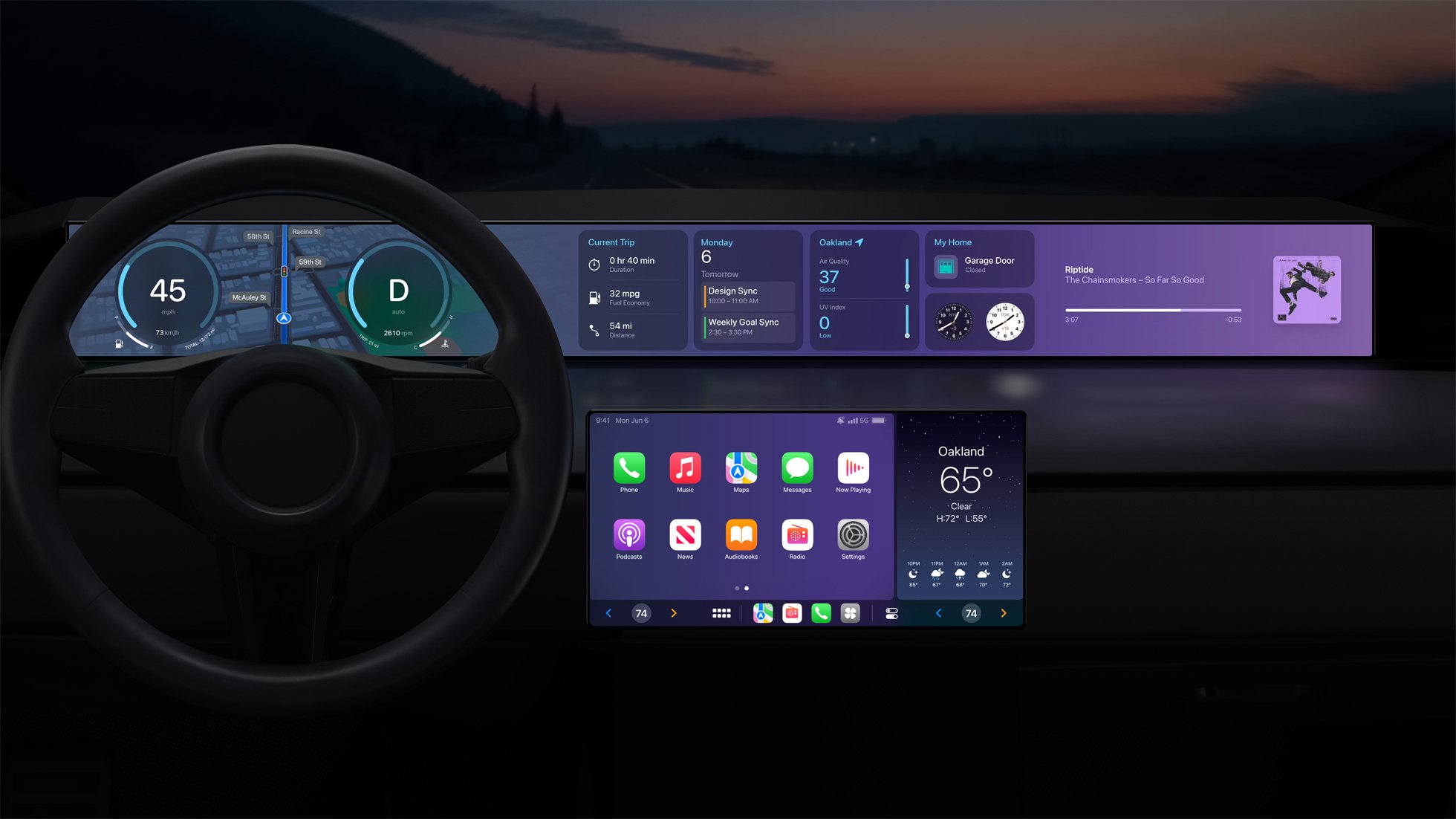 A car dashboard displaying several digital screens of apps and information.