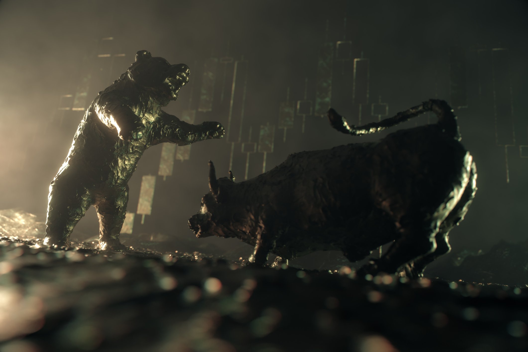 A bull and a bear face off in a landscape of dramatic shadows.