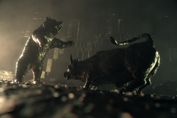 A bull and a bear face off in a landscape of dramatic shadows.