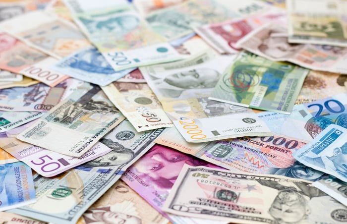 A pile of foreign currency.