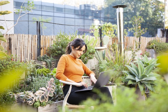 Person checking laptop in rooftop garden.