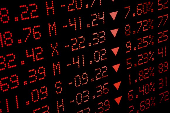 An electronic display board shows stock prices falling.