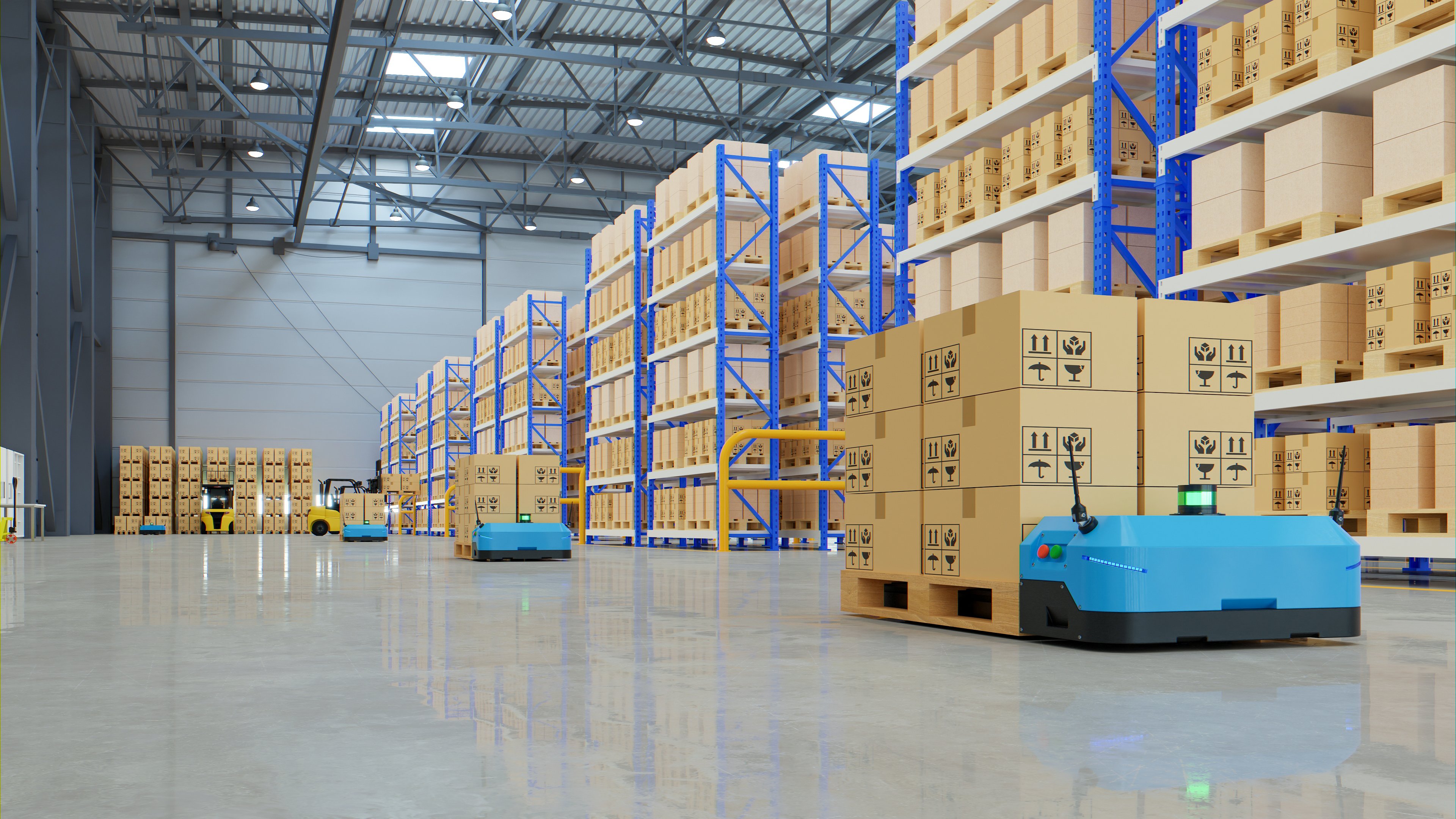Robots carrying boxes in a warehouse