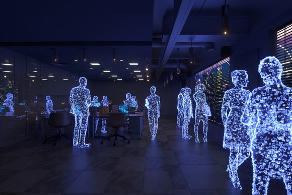 Digital silhouettes of people in an office space.