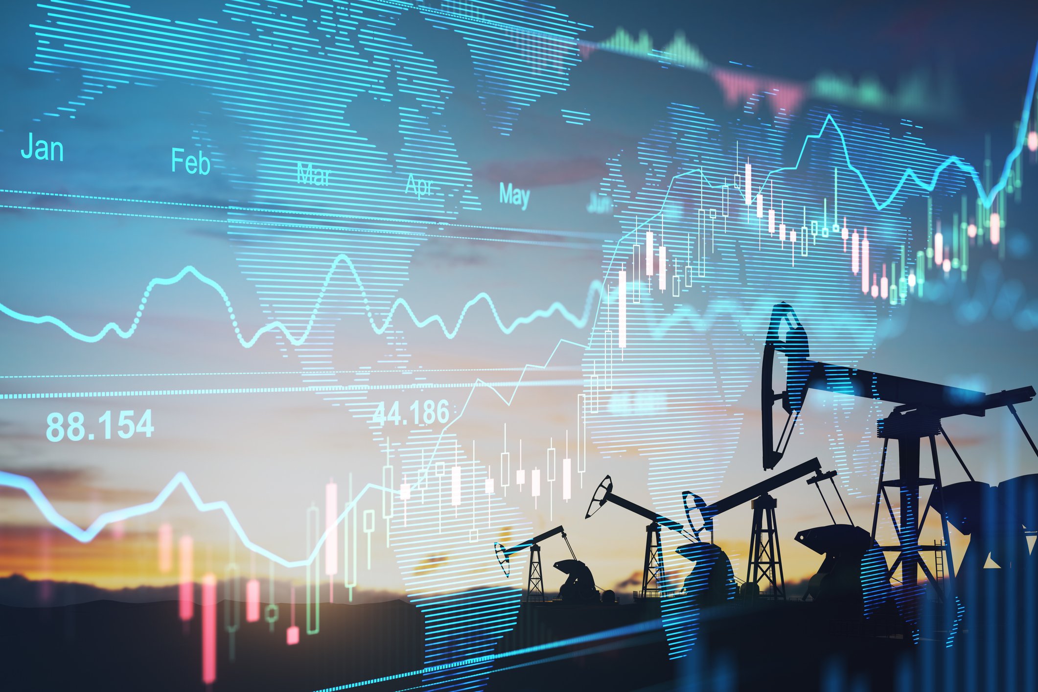Stock chart with oil wells in background