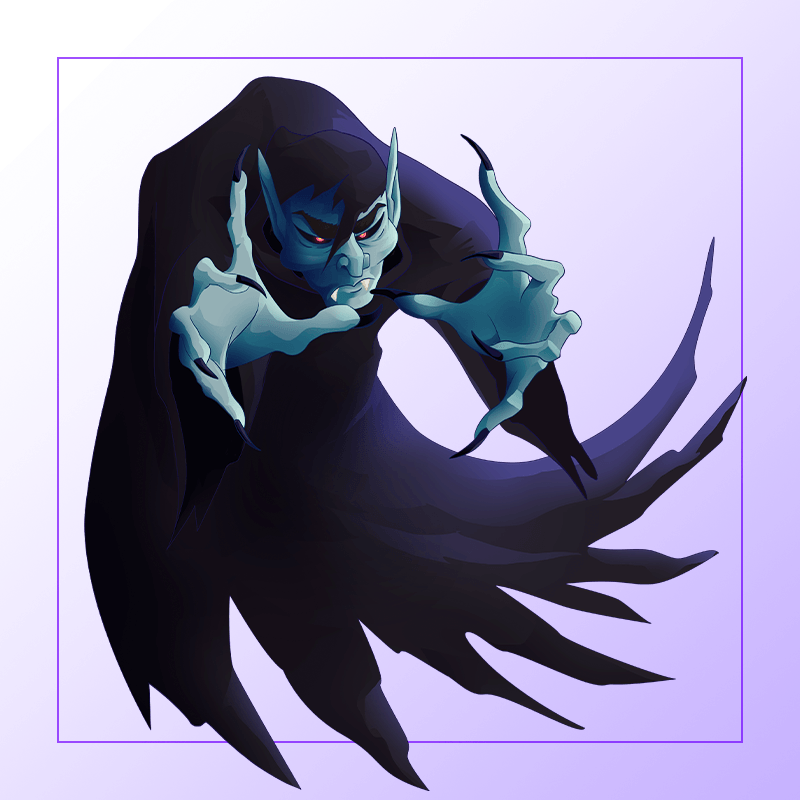 A cartoon image of a flying vampire reaching out with his claws.