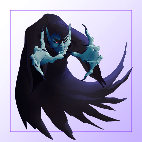 A cartoon image of a flying vampire reaching out with his claws.