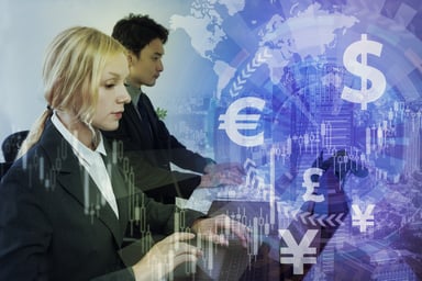 Dollar and euro symbols with people