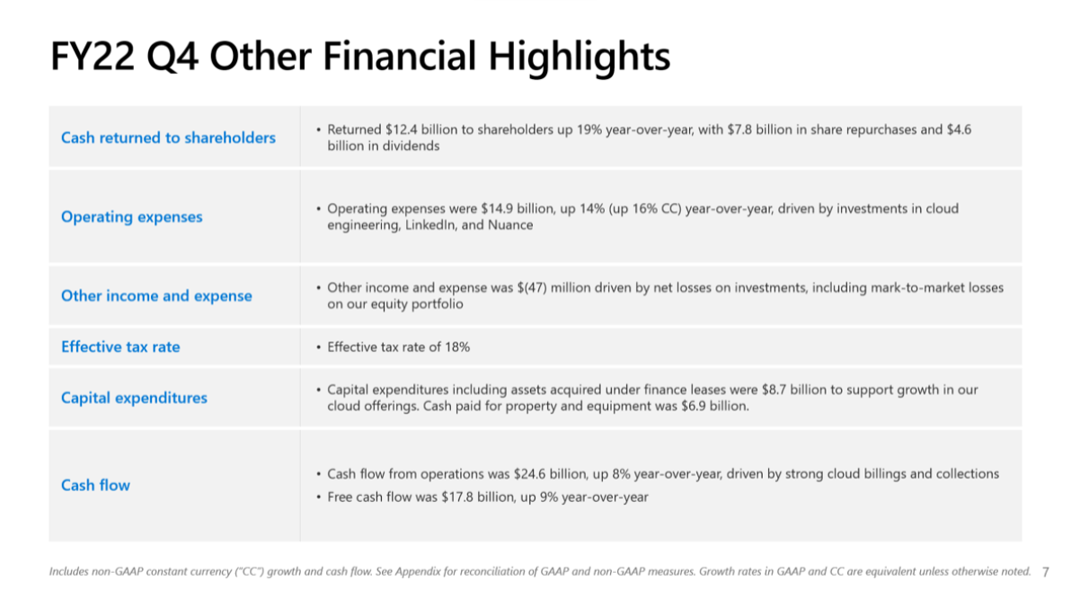 Slide showing other financial highlights from Microsoft's quarter.