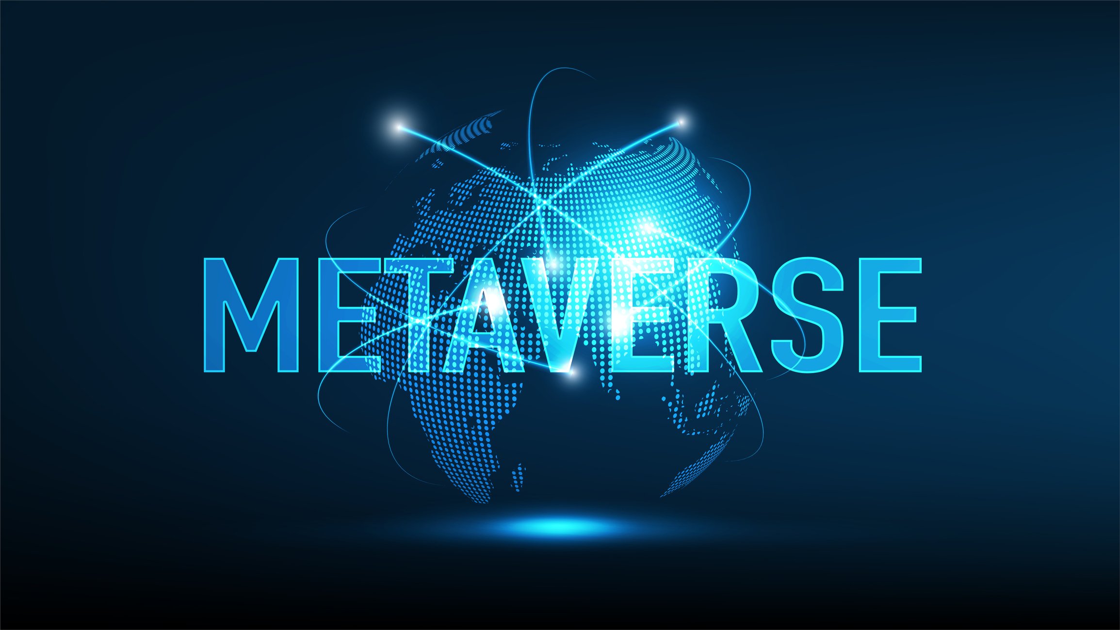 The word Metaverse in front of a digital representation of the Earth.