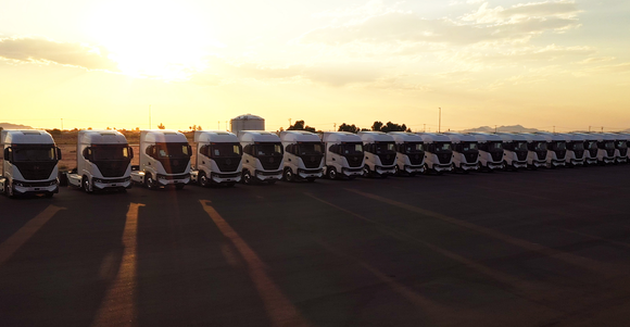 row of Nikola battery electric heavy trucks. 