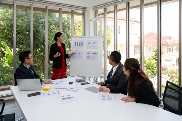 Financial advisor presenting to clients.