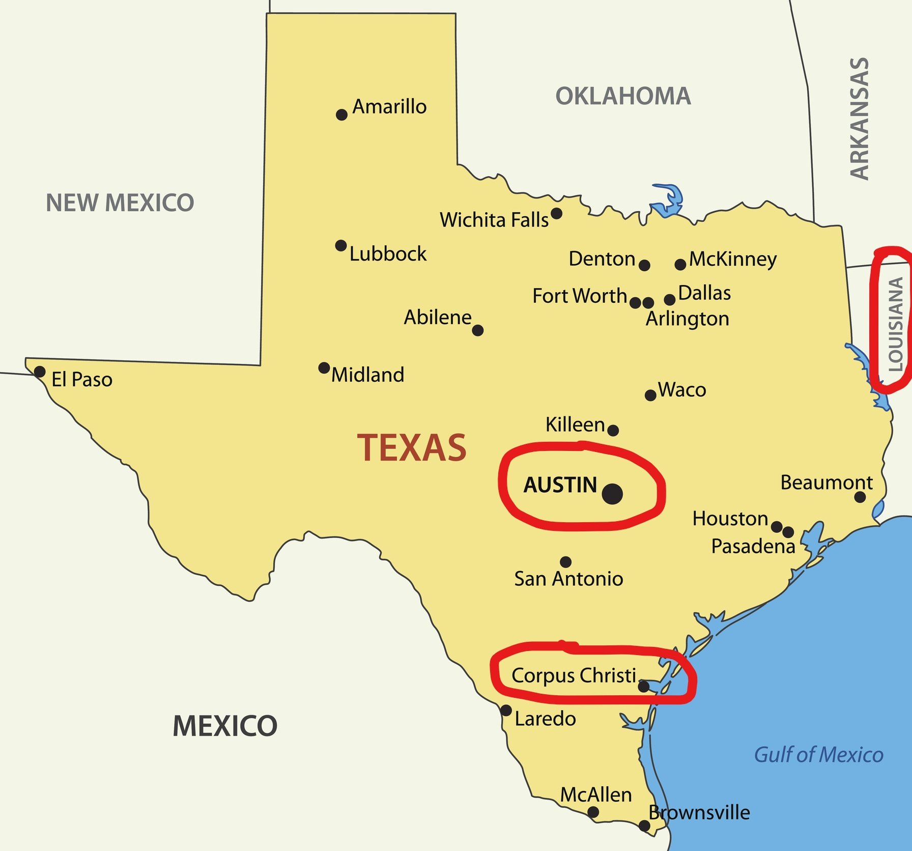 Map of Texas with Corpus Christi and Austin highlighted.