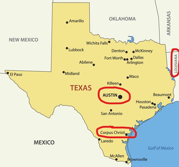 Map of Texas with Corpus Christi and Austin highlighted.