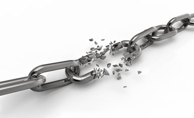 Link in a chain snaps apart.