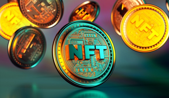 NFT coins falling on to a hard surface.