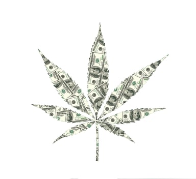 Marijuana leaf formed from $100 bills.