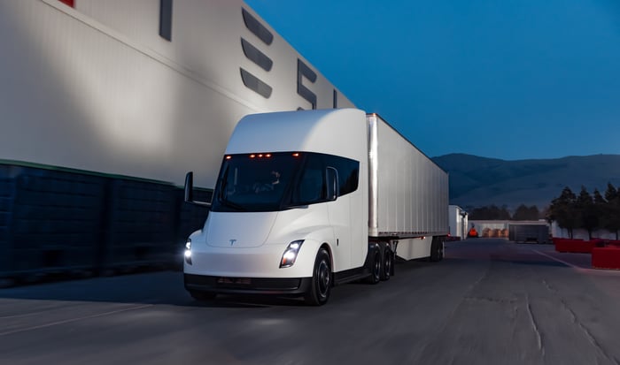white Tesle Semi truck. 