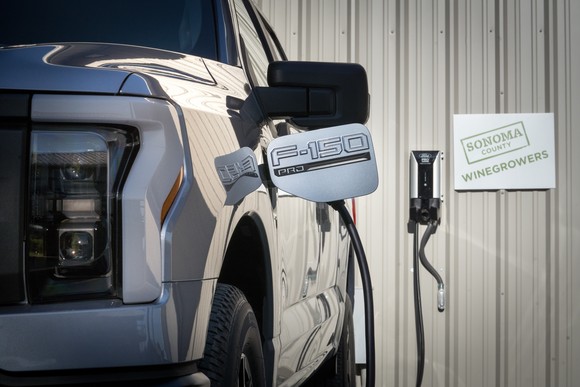 Ford F-150 Lightning being charged.