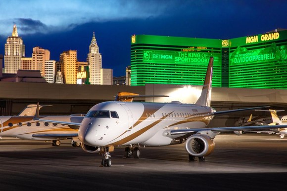 Plane parked outside MGM Grand resort, Las Vegas.