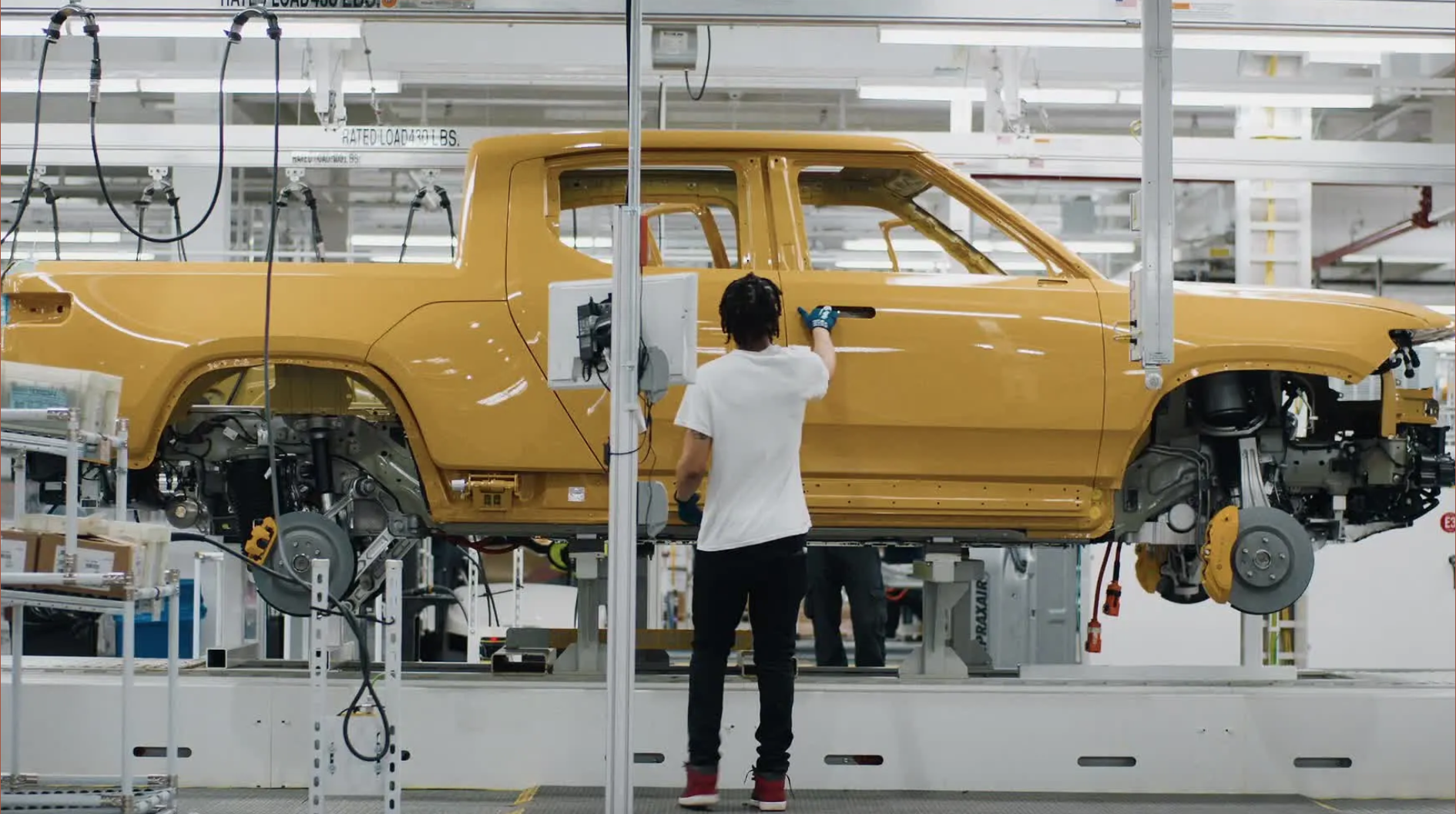 Rivian R1T electric pickup truck on the production line. 