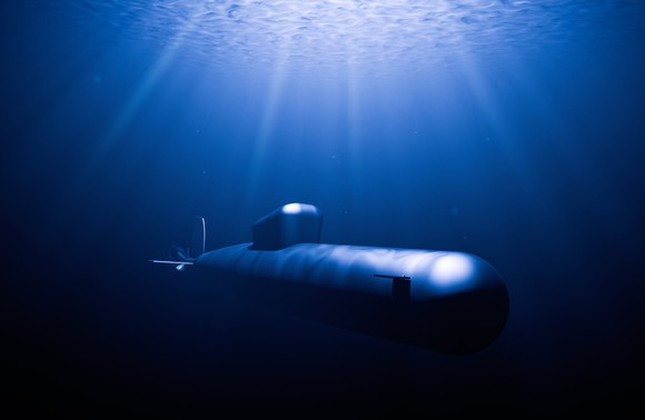 Submarine underwater in a blue sea.