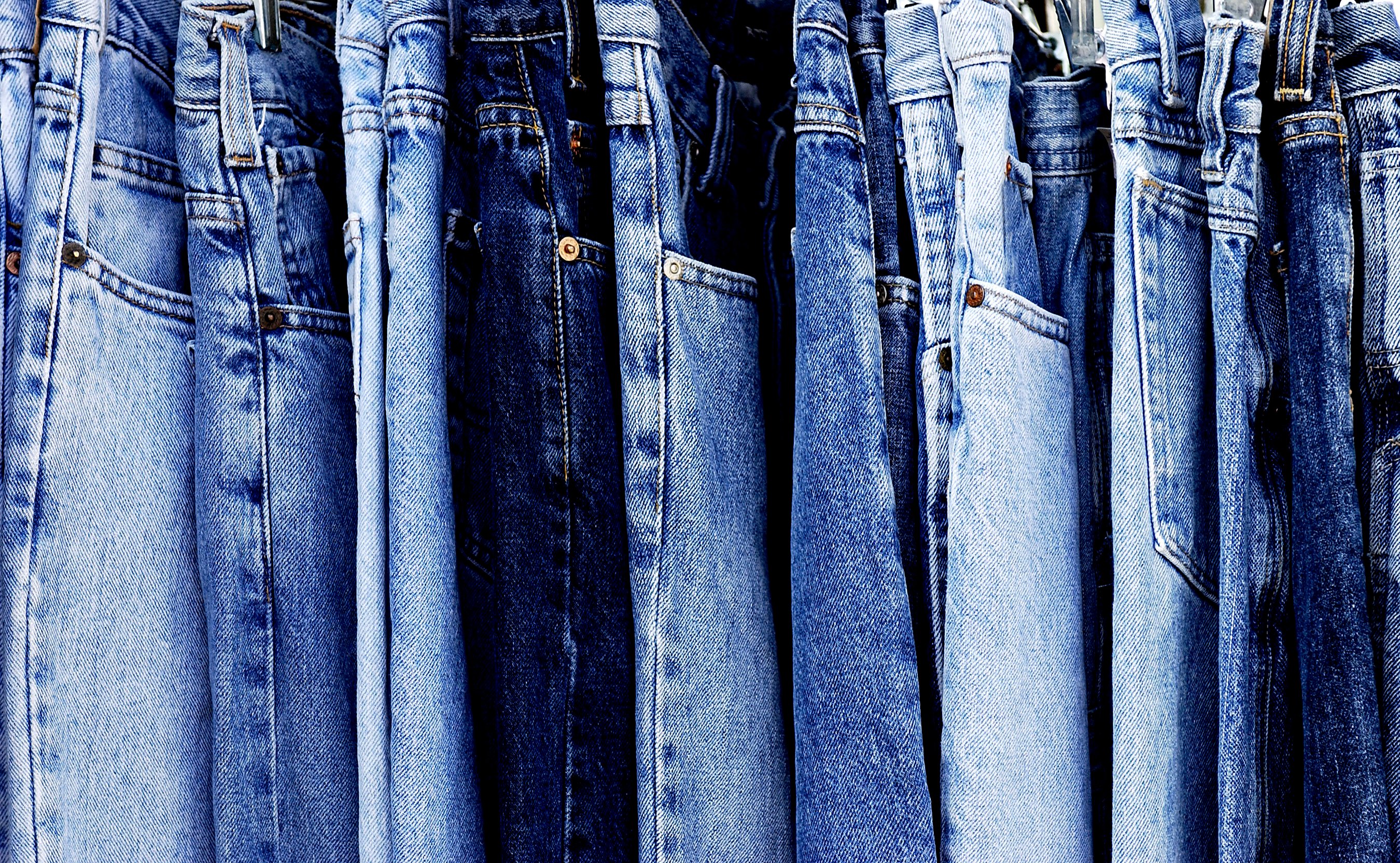 Many pairs of blue jeans hanging vertically.